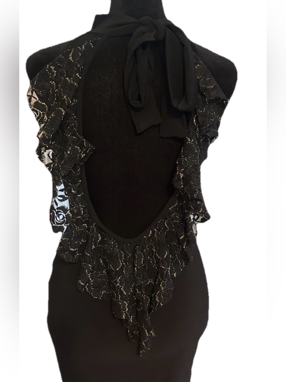 Black Ruffle Backless Halter Dress - Picture 2 of 4